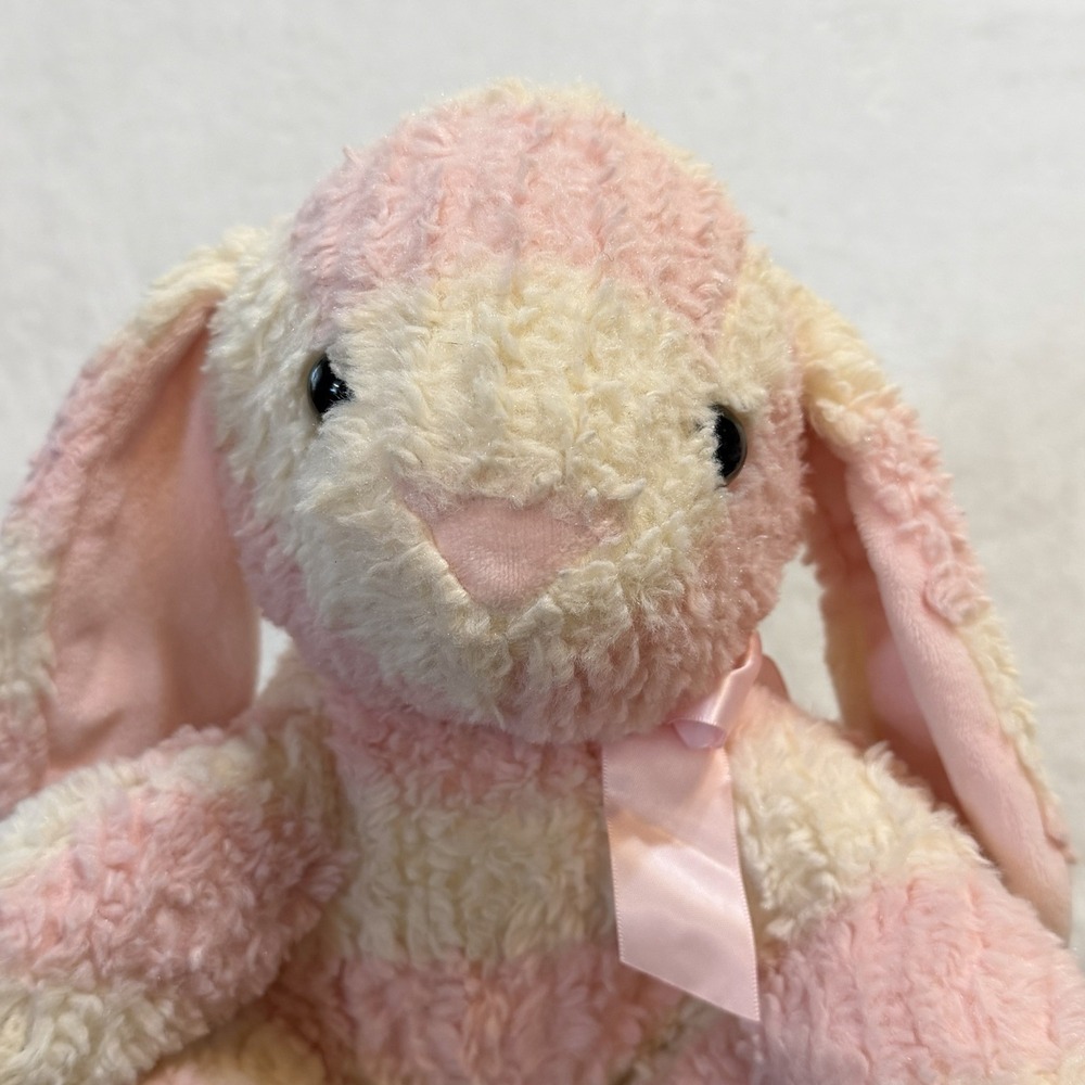 Pink Ribbon White Soft Textured Easter Bunny Plush Striped Rabbit Stuffed Animal - Picture 2 of 9